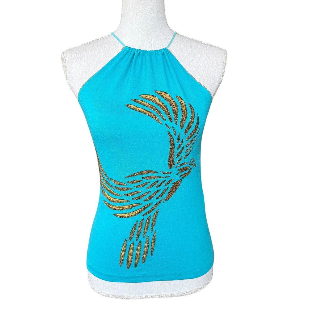 D. Exterior Turquoise Blue Beaded Bird Halter Top Made in‎ Italy Size S